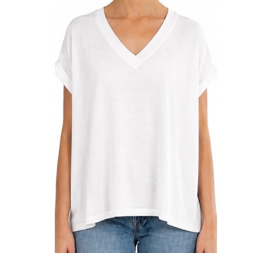 Mod Ref V-Neck Short sleeve Top Rolled Cuff Soft Relaxed Boxy Fit White Women L